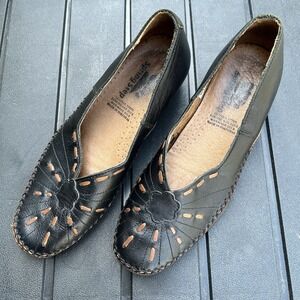 Spring Step Moccasin Flat Slip On Loafer Shoe Black Leather Laser Cutout 4 EU 37